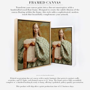 Sidonie portrait shown as framed canvas artwork in natural wood and white float frame options, featuring sage green fabric, rust ribbon, and ledger pages.