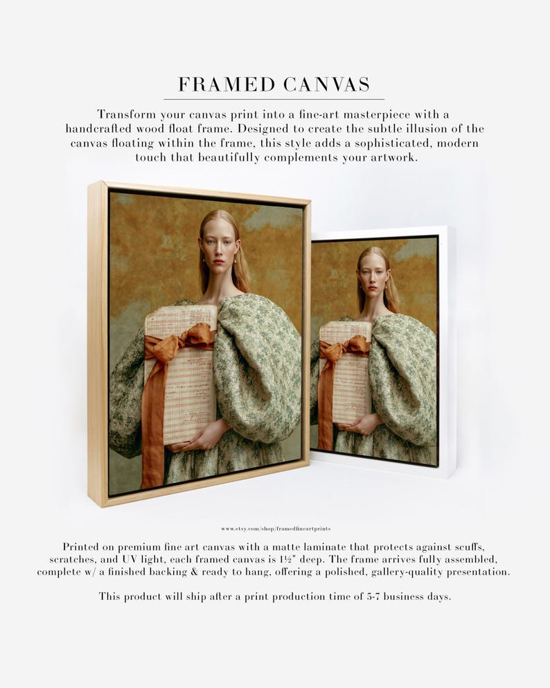 Sidonie portrait shown as framed canvas artwork in natural wood and white float frame options, featuring sage green fabric, rust ribbon, and ledger pages.