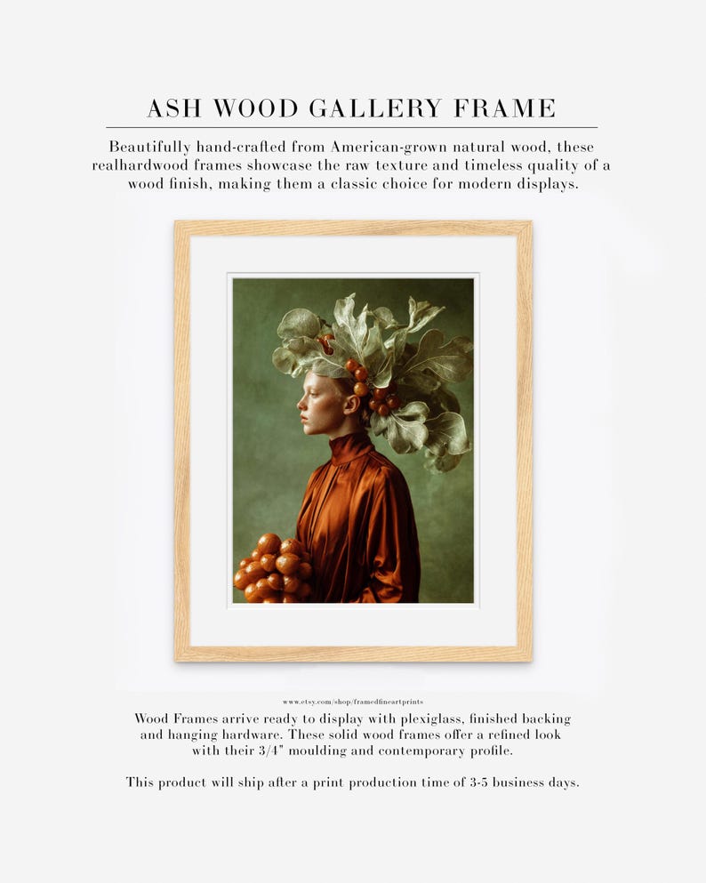 Rowan | Botanical Portrait Print, Leaf Crown Woman, Rust Green Large Statement Wall Art Ash Wood w/ Matte