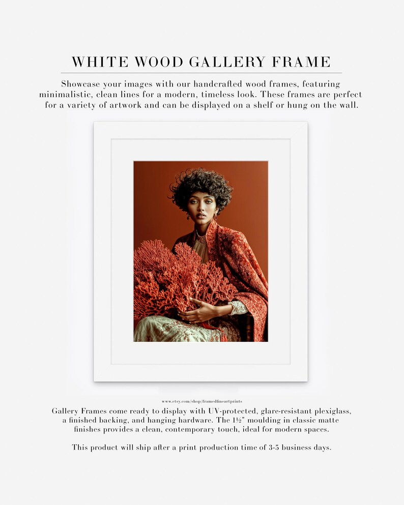Kavya coral portrait displayed in white wood gallery frame with white mat