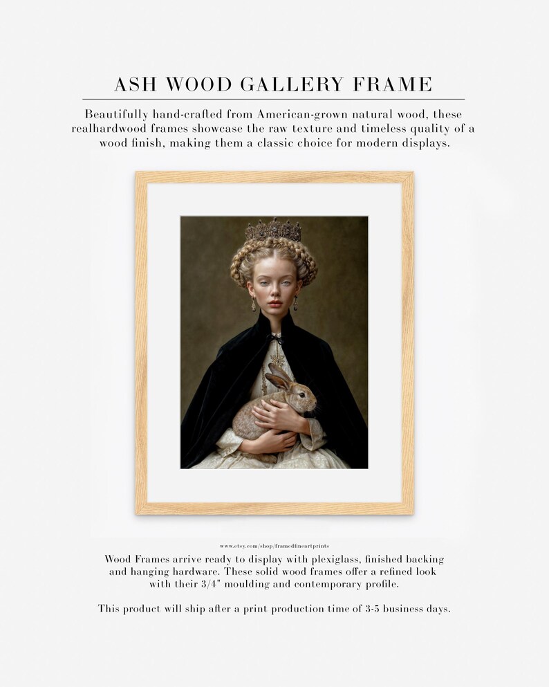 Eira rabbit portrait displayed in ash wood gallery frame with white mat and museum style presentation