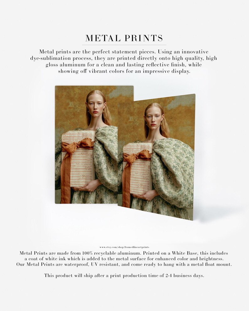 Sidonie portrait displayed on two aluminum metal prints with a clean frameless presentation and warm sage, ochre, rust, and cream coloring.