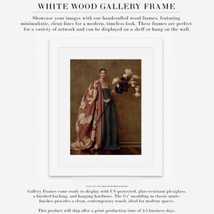Product information graphic showing Maren as a matted gallery print in a clean white wood frame.
