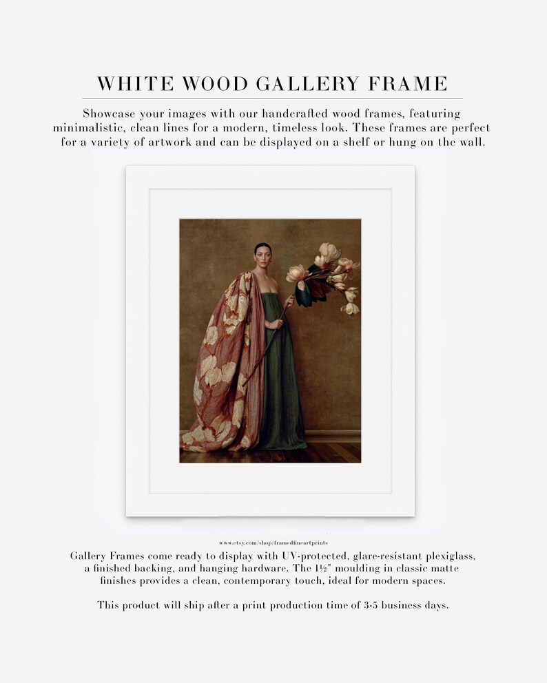 Product information graphic showing Maren as a matted gallery print in a clean white wood frame.