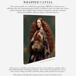 Cressida red-haired woman portrait presented as a frameless wrapped canvas with rich green, copper, plum and antique gold tones.