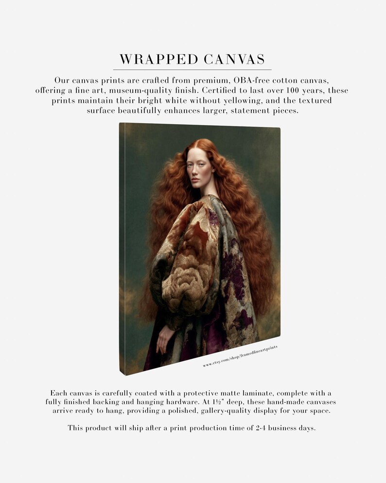 Cressida red-haired woman portrait presented as a frameless wrapped canvas with rich green, copper, plum and antique gold tones.