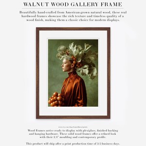 Rowan | Botanical Portrait Print, Leaf Crown Woman, Rust Green Large Statement Wall Art Walnut Wood w/ Matte
