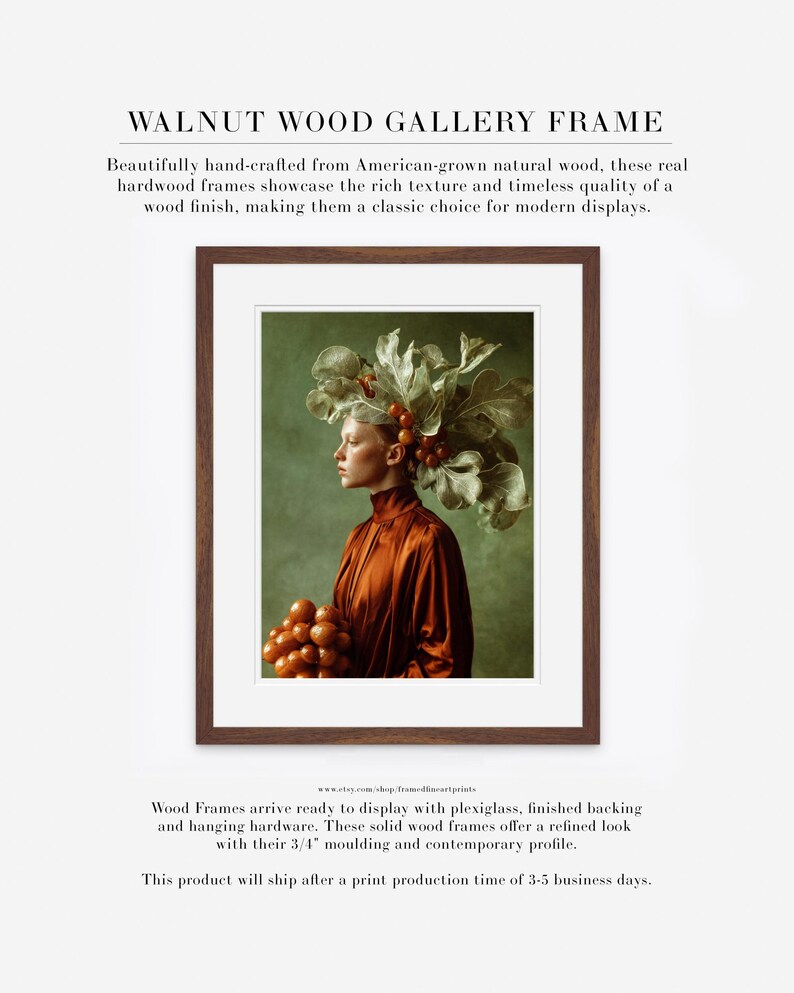 Rowan | Botanical Portrait Print, Leaf Crown Woman, Rust Green Large Statement Wall Art Walnut Wood w/ Matte