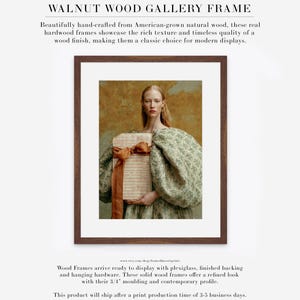 Sidonie old-world portrait displayed in a walnut wood gallery frame with wide white matting and warm ochre, sage, cream, and rust tones.