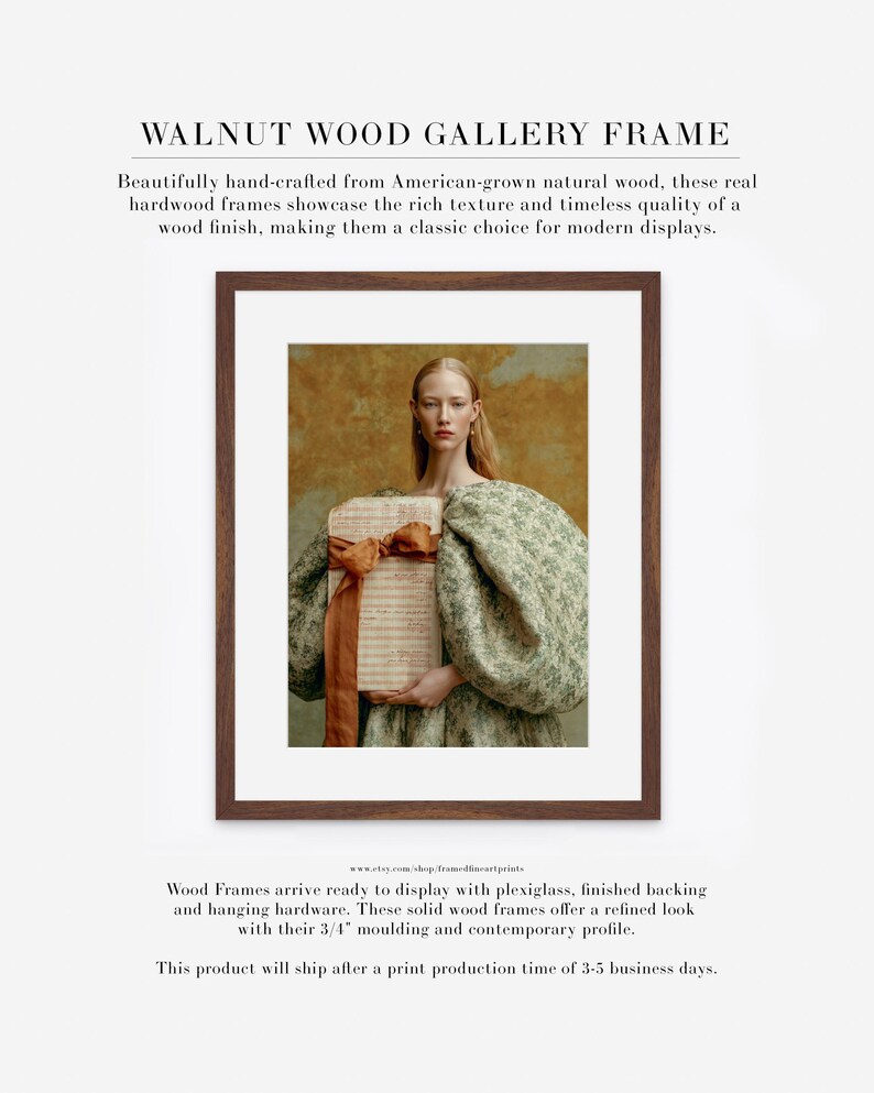 Sidonie old-world portrait displayed in a walnut wood gallery frame with wide white matting and warm ochre, sage, cream, and rust tones.