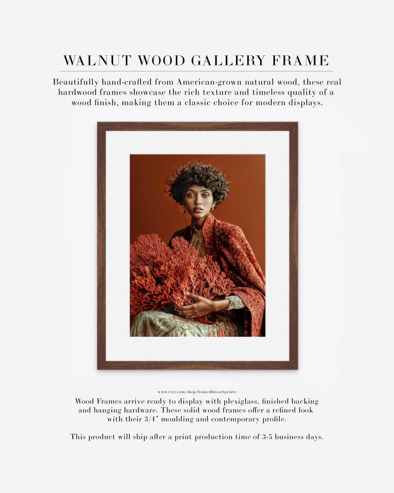Kavya coral portrait displayed in walnut wood gallery frame with white mat