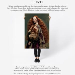 Large fine art paper print of Cressida, a red-haired woman wearing an oversized floral garment in copper, plum, gold and deep green.