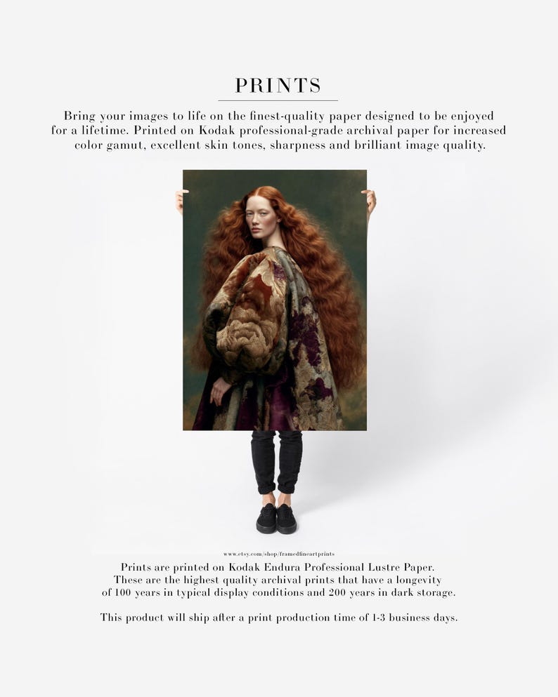 Large fine art paper print of Cressida, a red-haired woman wearing an oversized floral garment in copper, plum, gold and deep green.