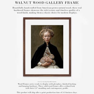 Eira rabbit portrait shown in walnut wood gallery frame with white mat, old world fine art wall decor