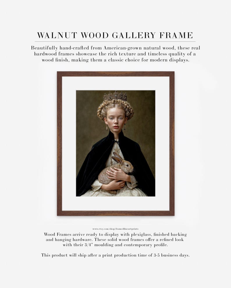 Eira rabbit portrait shown in walnut wood gallery frame with white mat, old world fine art wall decor
