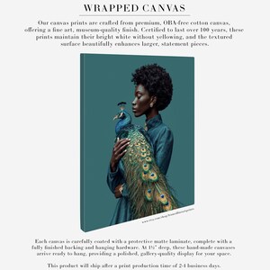 Puede incluir: Impresi&oacute;n art&iacute;stica en lienzo que muestra a una mujer de piel oscura sosteniendo un pavo real. Las plumas del pavo real son azules, verdes y doradas. El texto "WRAPPED CANVAS" est&aacute; en la parte superior.