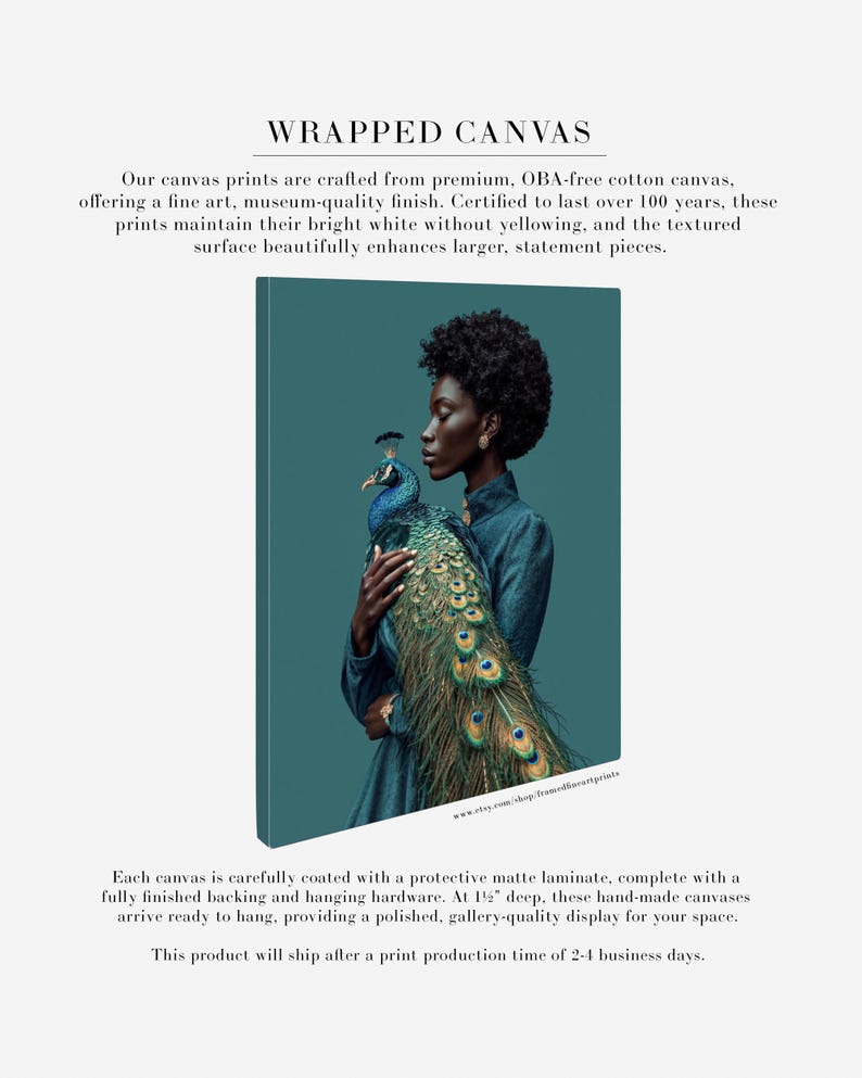 Puede incluir: Impresi&oacute;n art&iacute;stica en lienzo que muestra a una mujer de piel oscura sosteniendo un pavo real. Las plumas del pavo real son azules, verdes y doradas. El texto "WRAPPED CANVAS" est&aacute; en la parte superior.