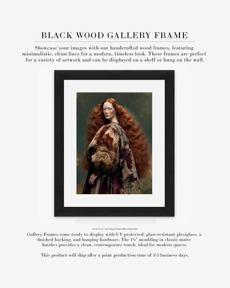 Cressida red-haired woman portrait displayed with a white mat in a clean black wood gallery frame.