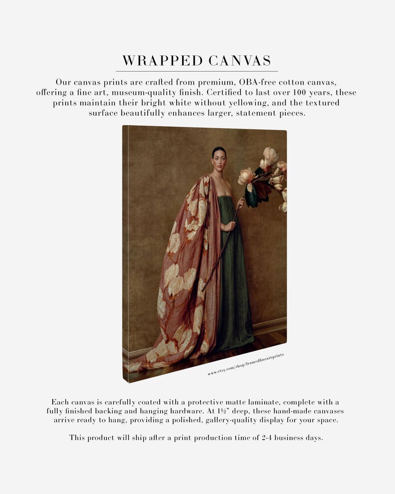 Product information graphic showing Maren as a gallery wrapped canvas with botanical green, dusty rose, ivory, and warm brown tones.