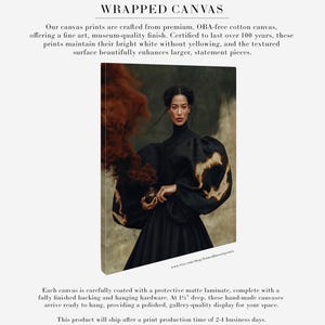 Peut inclure: Une impression sur toile tendue repr&eacute;sentant le portrait d'une personne v&ecirc;tue d'un v&ecirc;tement noir &agrave; col montant et manches volumineuses, tenant un petit objet d&eacute;gageant une fum&eacute;e sombre. Le texte indique WRAPPED CANVAS et des d&eacute;tails de 3,8 cm.
