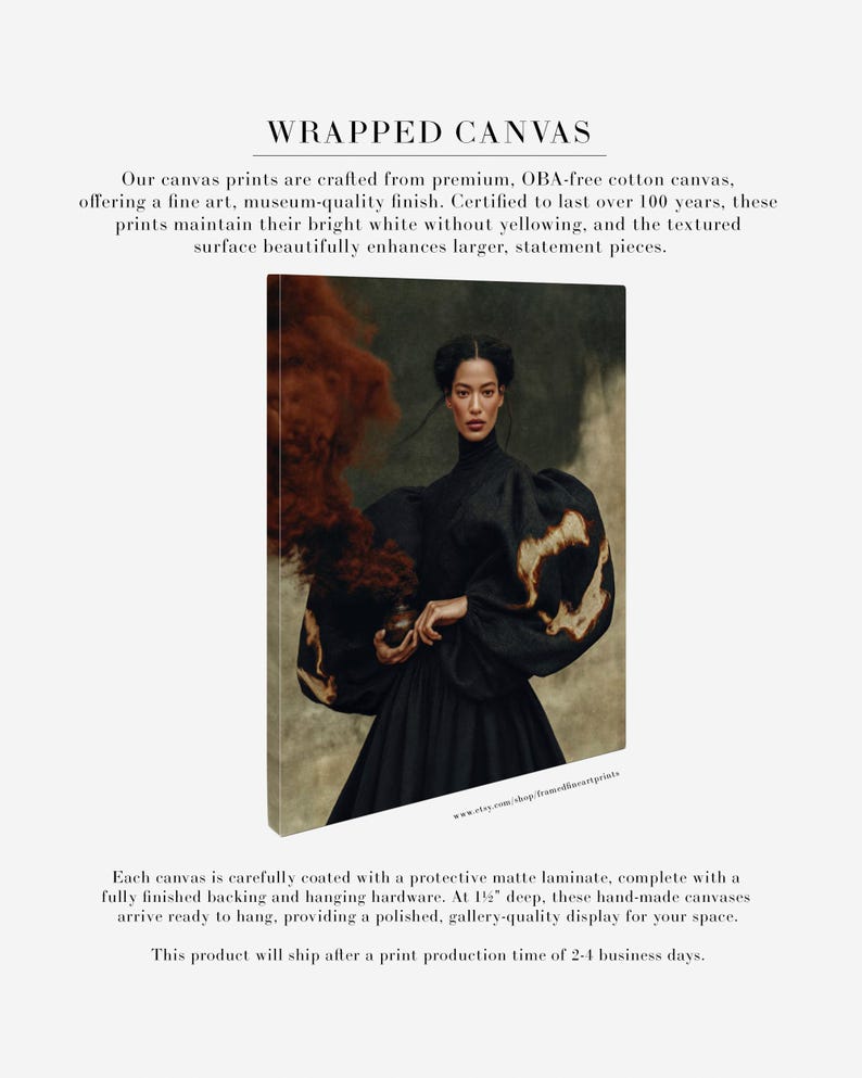 Peut inclure: Une impression sur toile tendue repr&eacute;sentant le portrait d'une personne v&ecirc;tue d'un v&ecirc;tement noir &agrave; col montant et manches volumineuses, tenant un petit objet d&eacute;gageant une fum&eacute;e sombre. Le texte indique WRAPPED CANVAS et des d&eacute;tails de 3,8 cm.