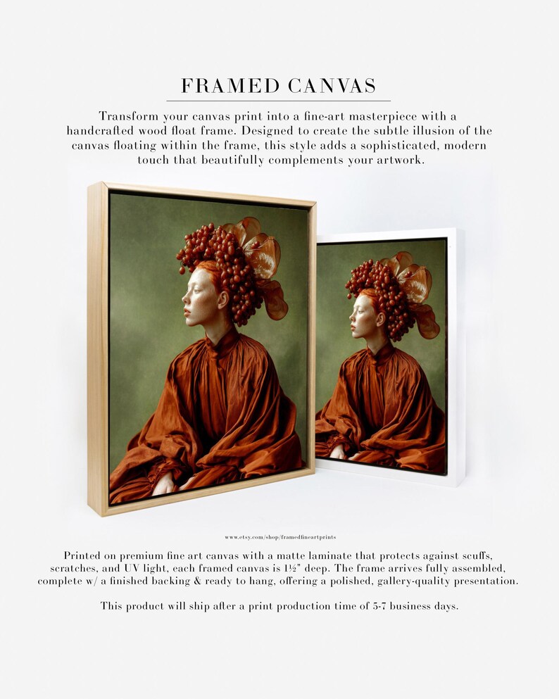 museum style portrait wall art printed on framed canvas with floating wood frame