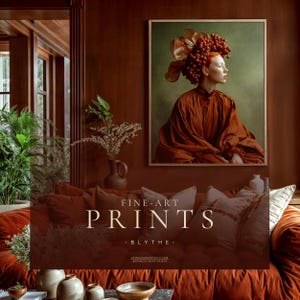 large portrait wall art displayed in organic modern living room interior featuring surreal female portrait with sculptural crown