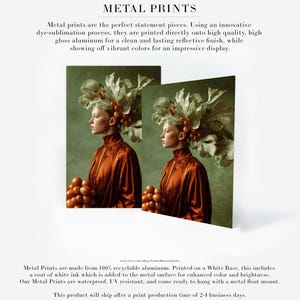 Rowan | Botanical Portrait Print, Leaf Crown Woman, Rust Green Large Statement Wall Art Metal Print