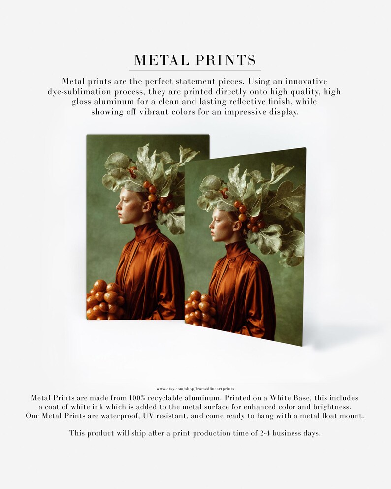Rowan | Botanical Portrait Print, Leaf Crown Woman, Rust Green Large Statement Wall Art Metal Print