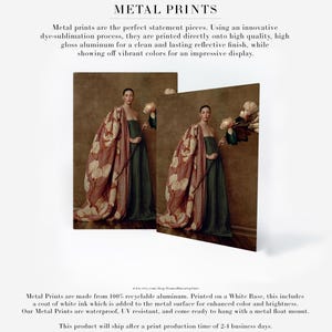 Product information graphic showing Maren as a contemporary metal print featuring her green dress, oversized floral drape, and magnolia branch.