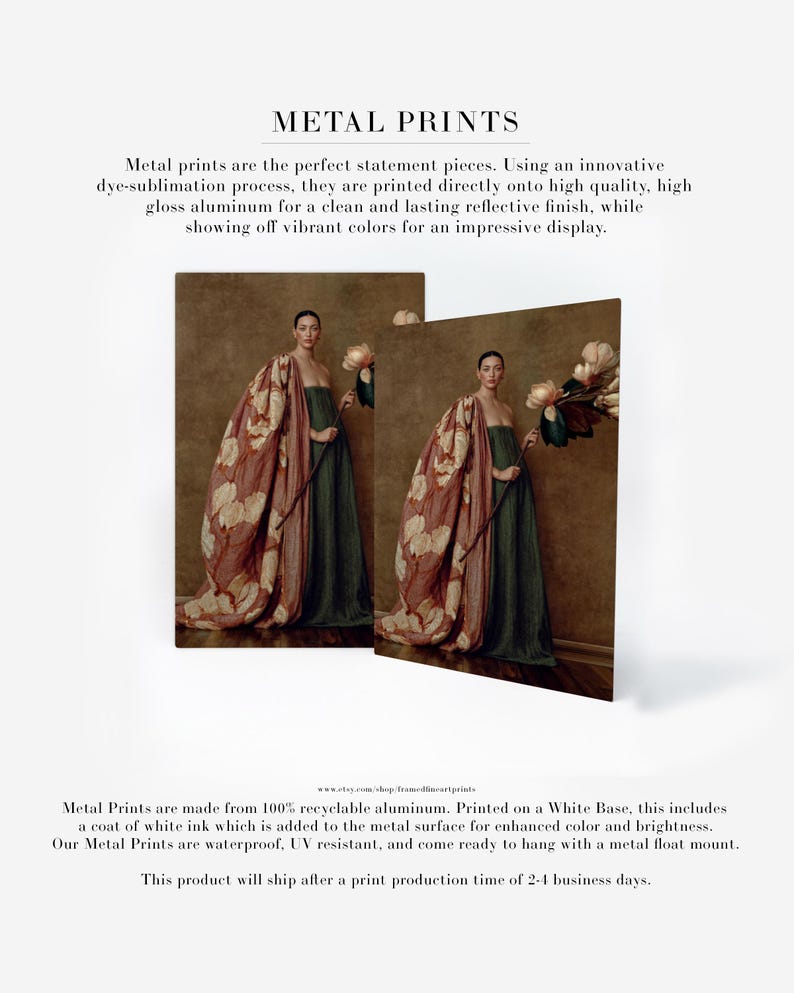 Product information graphic showing Maren as a contemporary metal print featuring her green dress, oversized floral drape, and magnolia branch.