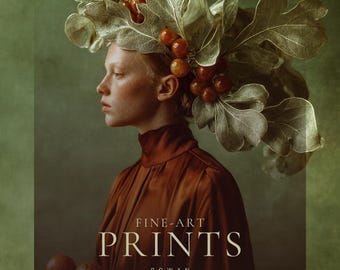 Rowan | Botanical Portrait Print, Leaf Crown Woman, Rust Green Large Statement Wall Art