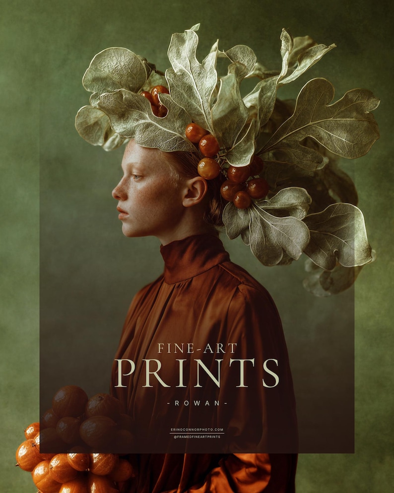 Rowan | Botanical Portrait Print, Leaf Crown Woman, Rust Green Large Statement Wall Art bild 1