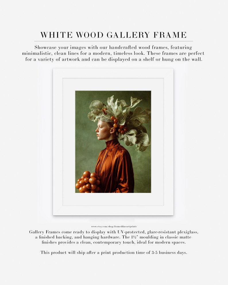 Rowan | Botanical Portrait Print, Leaf Crown Woman, Rust Green Large Statement Wall Art White w/ Matte
