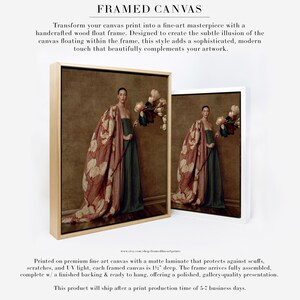 Product information graphic showing Maren printed on fine art canvas and presented in a natural wood float frame.
