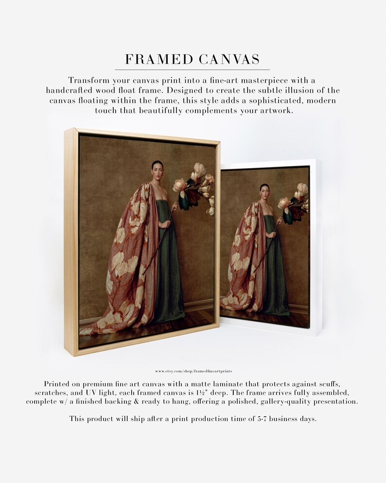 Product information graphic showing Maren printed on fine art canvas and presented in a natural wood float frame.