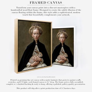 Eira crowned woman rabbit portrait shown as framed canvas wall art in floating wood frame