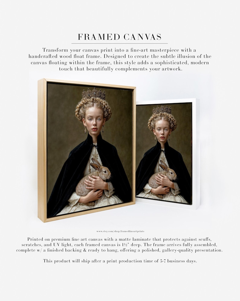 Eira crowned woman rabbit portrait shown as framed canvas wall art in floating wood frame