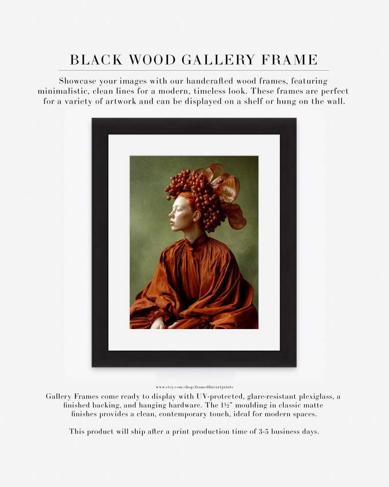 surreal female portrait wall art displayed in black wood gallery frame