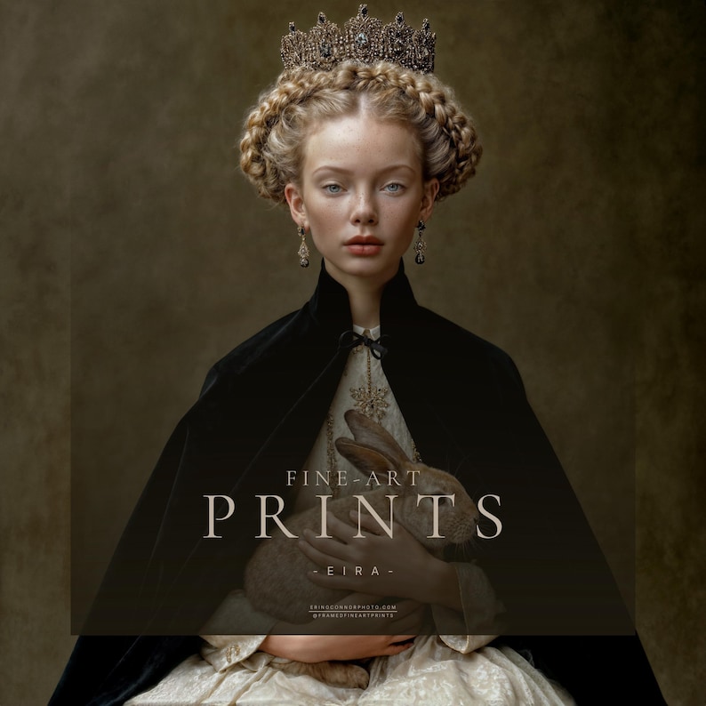 Crowned woman portrait holding rabbit, fairytale fine art print with black cape, pale dress, and muted olive background