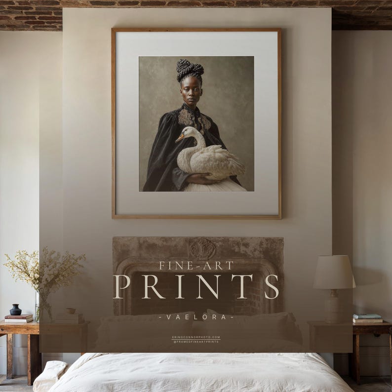 Large framed Vaelora woman-with-swan portrait displayed above a bed and stone fireplace in a warm neutral rustic bedroom.