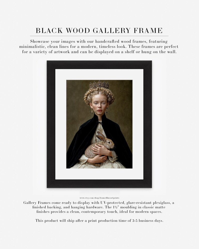 Eira crowned woman portrait in black wood gallery frame with white mat, dark romantic wall art print