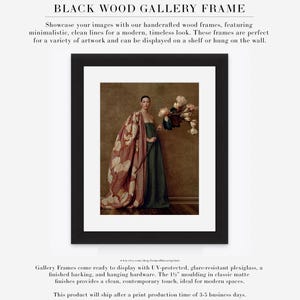 Product information graphic showing Maren as a matted gallery print in a contemporary black wood frame.