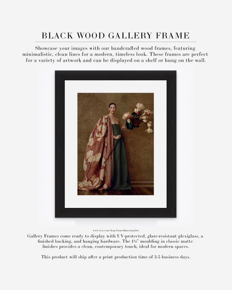 Product information graphic showing Maren as a matted gallery print in a contemporary black wood frame.