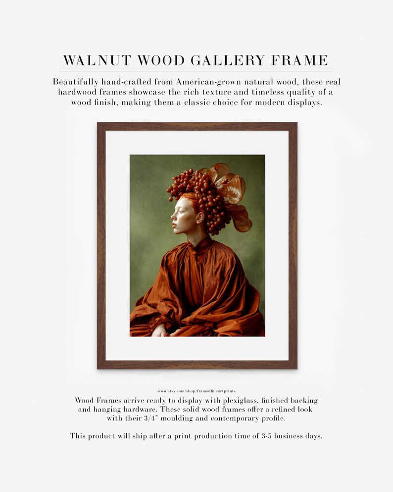 fine art portrait wall art displayed in walnut wood gallery frame with mat
