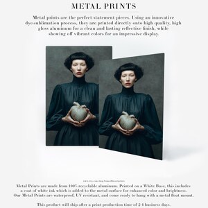 Two views of Sable printed on high gloss aluminum, showcasing vibrant color and emotional expression as she holds a gray heart with gold cracks.