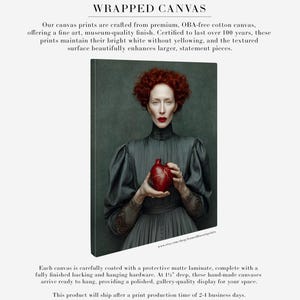 Cinder printed on gallery-wrapped canvas with a dark textured background, featuring a red-haired woman holding a sculptural red heart, ideal for statement wall décor.