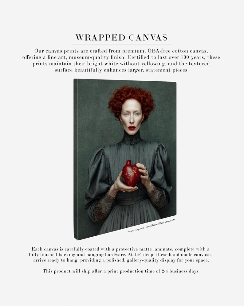 Cinder printed on gallery-wrapped canvas with a dark textured background, featuring a red-haired woman holding a sculptural red heart, ideal for statement wall décor.