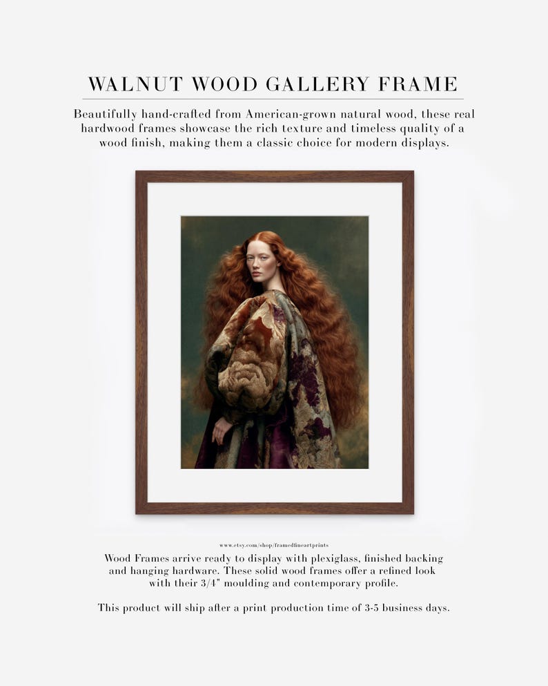 Cressida fine art portrait displayed with a wide white mat in a warm walnut wood gallery frame.