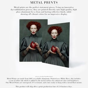 Cinder portrait printed on metal with a high-gloss finish, featuring dramatic tones and a surreal heart vessel, perfect for lovers of moody fine art and museum-quality wall displays.